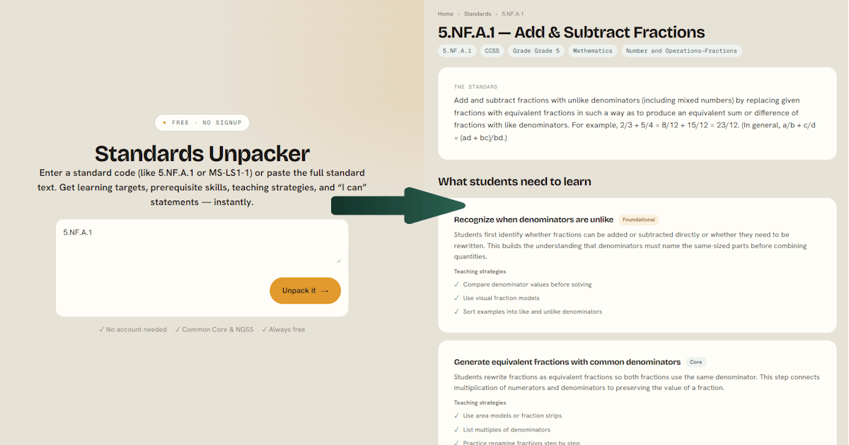 What Does 5.NF.A.1 Actually Mean? Unpack Any Standard Free in Seconds