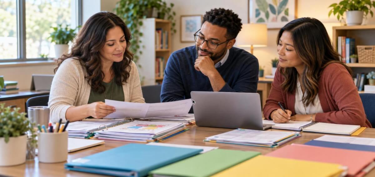 How to Prepare for an Three teachers reviewing student work samples and folders at a conference table to prepare for an IEP meetingIEP Meeting: A General Education Teacher’s Practical Guide