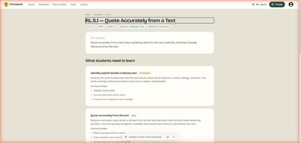 RL.5.1 standard unpacked on PlanSpark: Quote Accurately from a Text